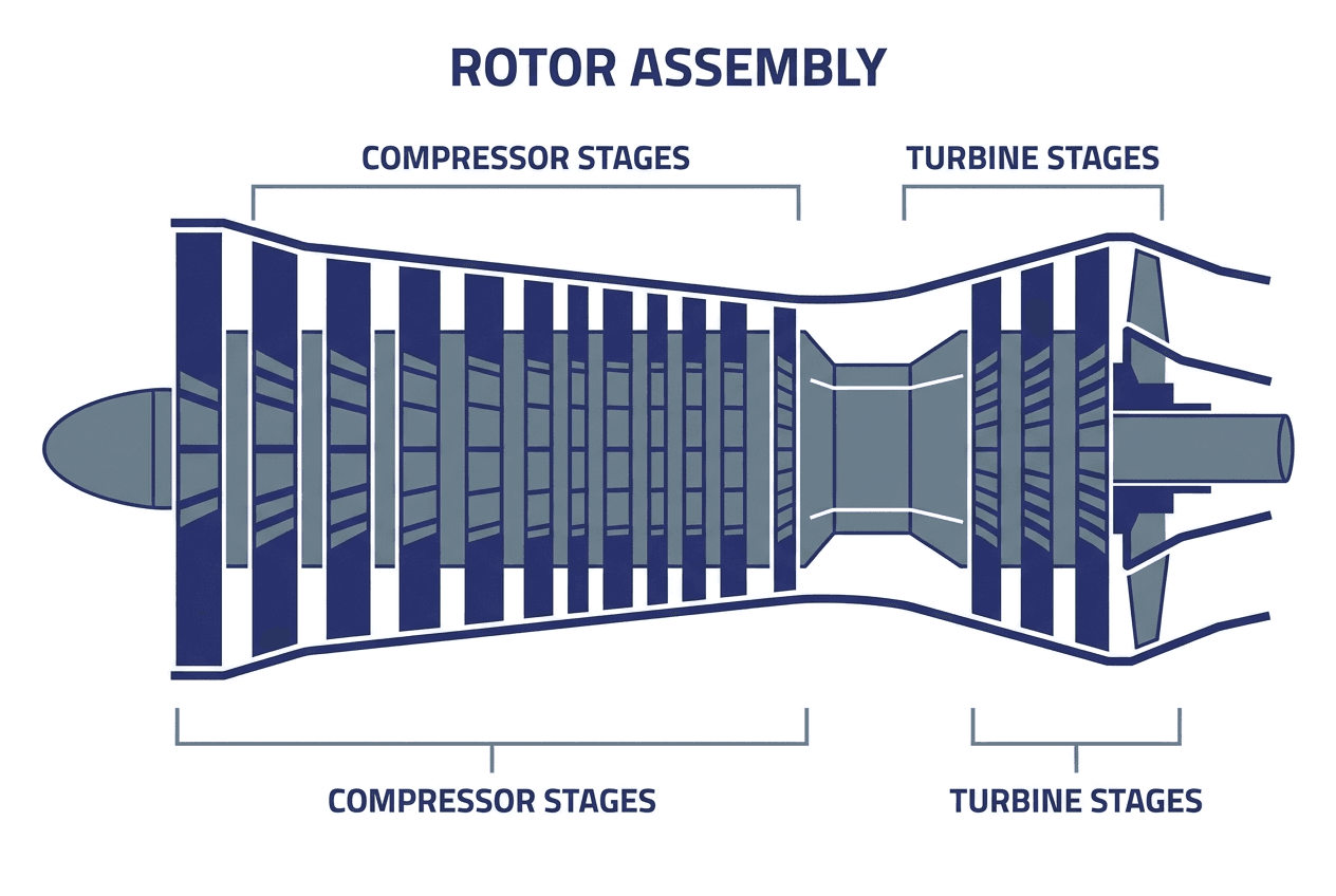 Cross-section diagram of a turbine engine rotor assembly showing compressor and turbine stages